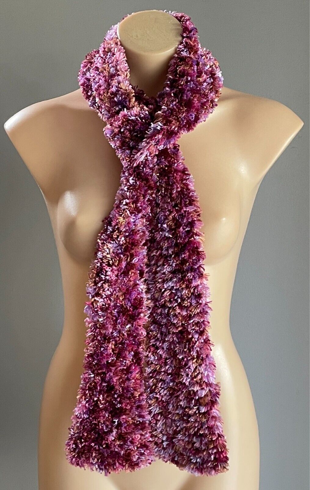 Eyelash KNIT SCARF Handmade 10cm W Long Shades of Purple Pink Brown Fluffy Furry