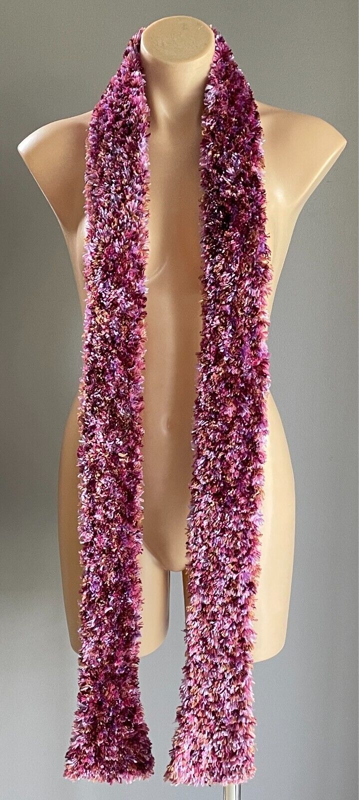 Eyelash KNIT SCARF Handmade 10cm W Long Shades of Purple Pink Brown Fluffy Furry