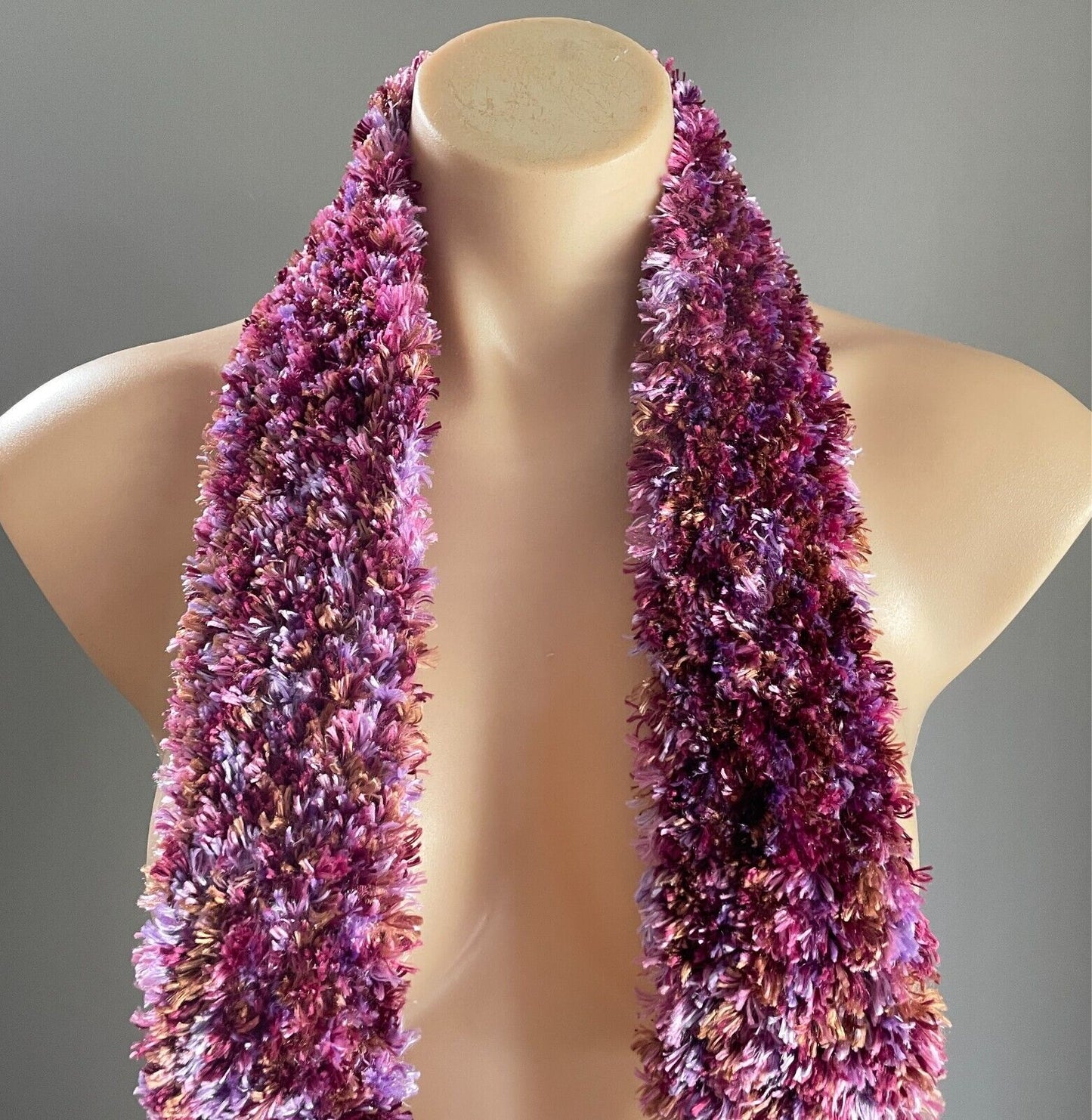 Eyelash KNIT SCARF Handmade 10cm W Long Shades of Purple Pink Brown Fluffy Furry
