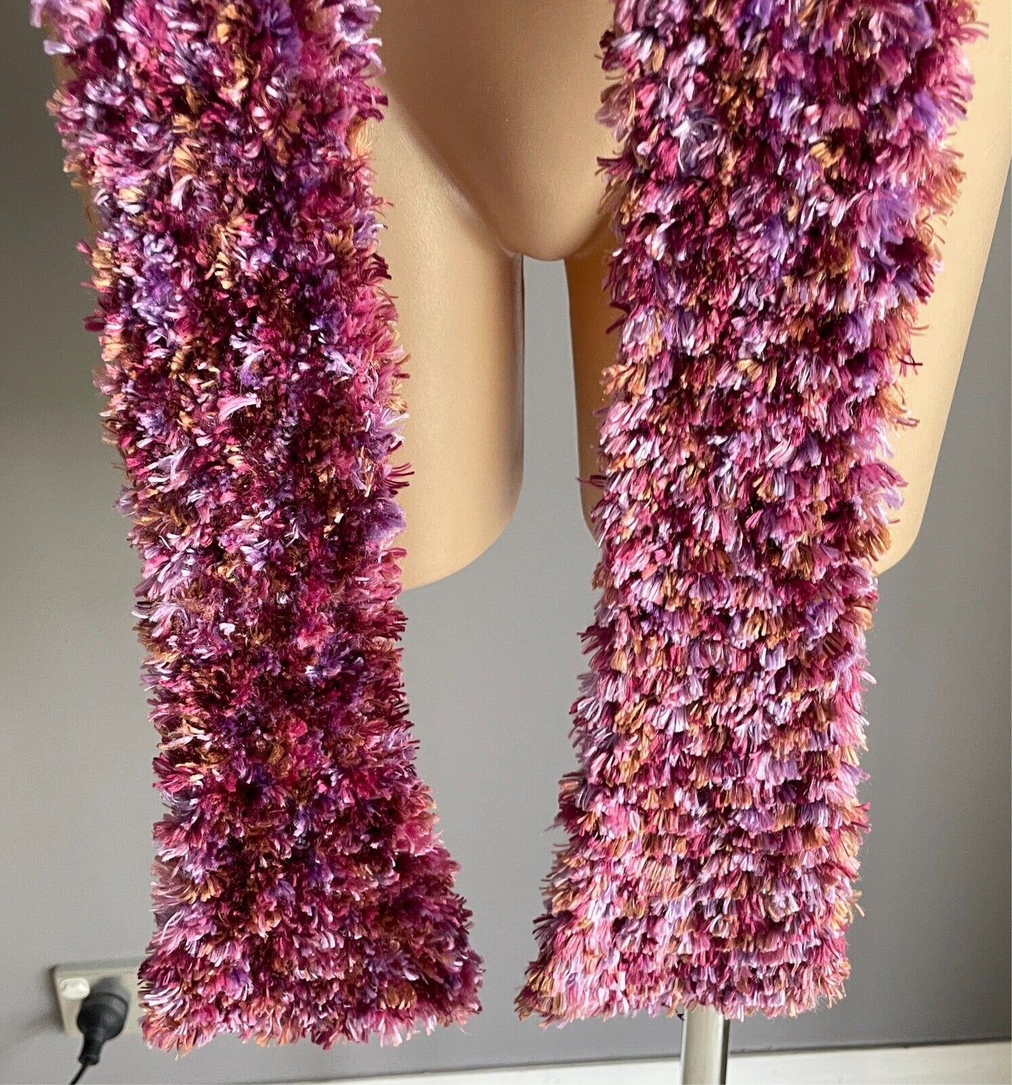 Eyelash KNIT SCARF Handmade 10cm W Long Shades of Purple Pink Brown Fluffy Furry