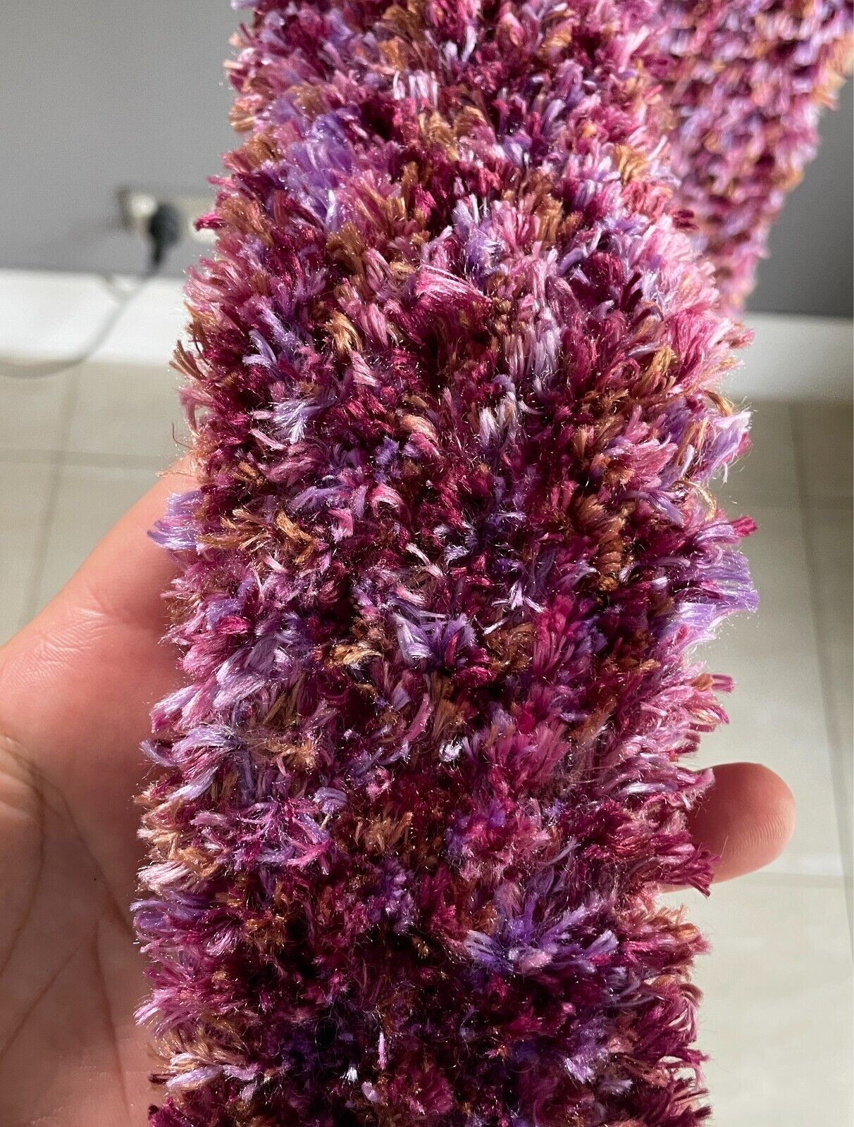 Eyelash KNIT SCARF Handmade 10cm W Long Shades of Purple Pink Brown Fluffy Furry