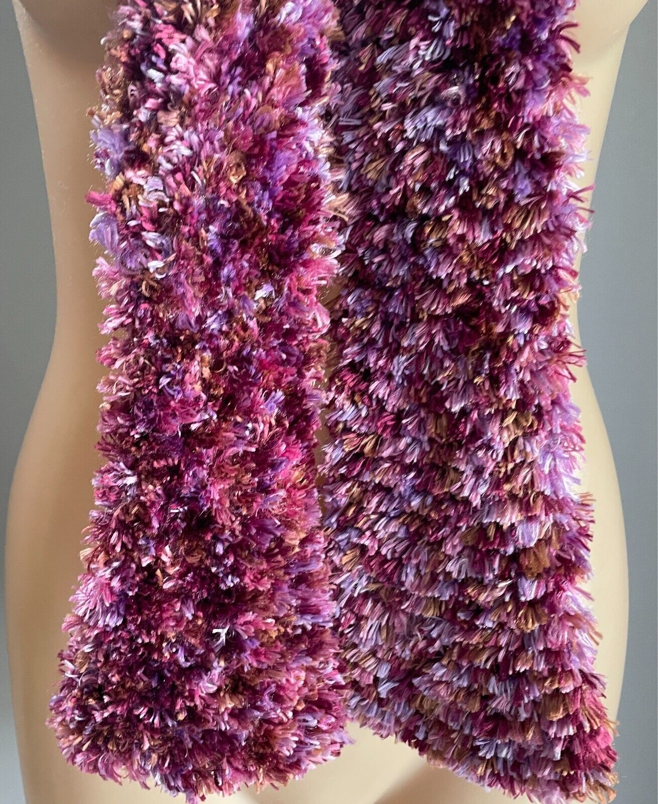 Eyelash KNIT SCARF Handmade 10cm W Long Shades of Purple Pink Brown Fluffy Furry