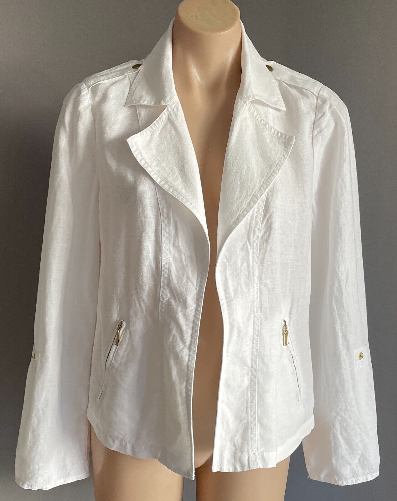 CHICO'S Jacket White Cotton Linen Size 0 AU 10 Lightweight Tab Sleeve Chicos