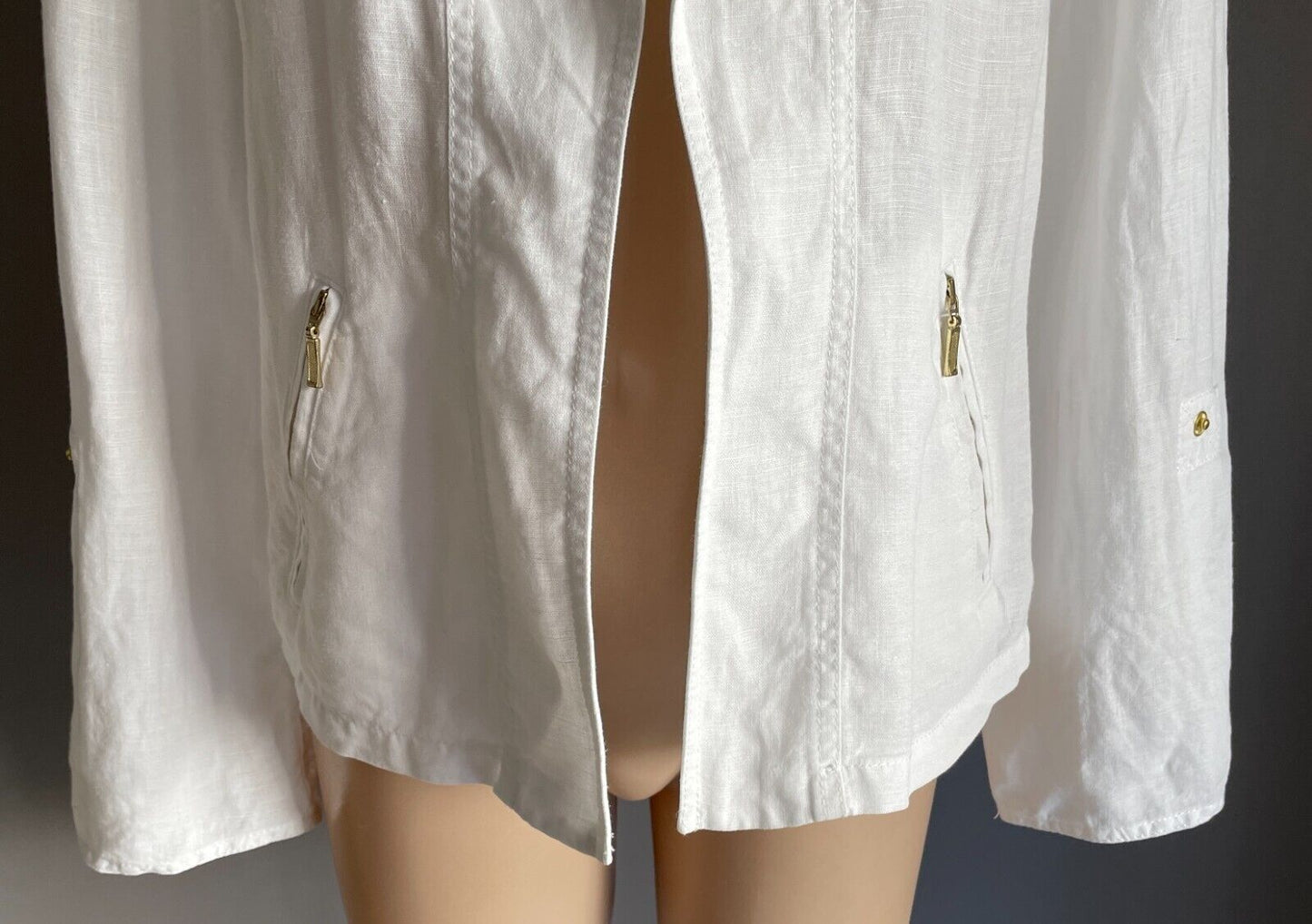CHICO'S Jacket White Cotton Linen Size 0 AU 10 Lightweight Tab Sleeve Chicos