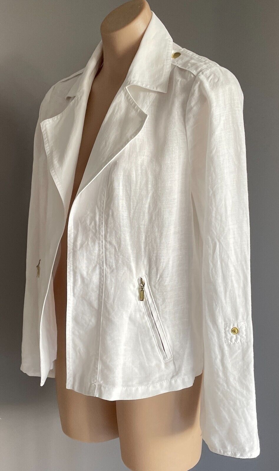 CHICO'S Jacket White Cotton Linen Size 0 AU 10 Lightweight Tab Sleeve Chicos