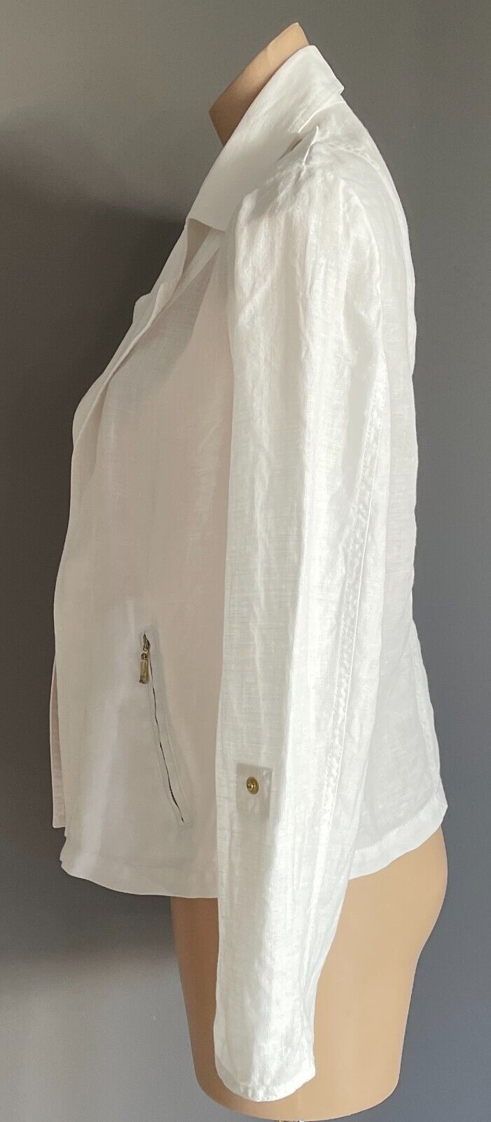 CHICO'S Jacket White Cotton Linen Size 0 AU 10 Lightweight Tab Sleeve Chicos