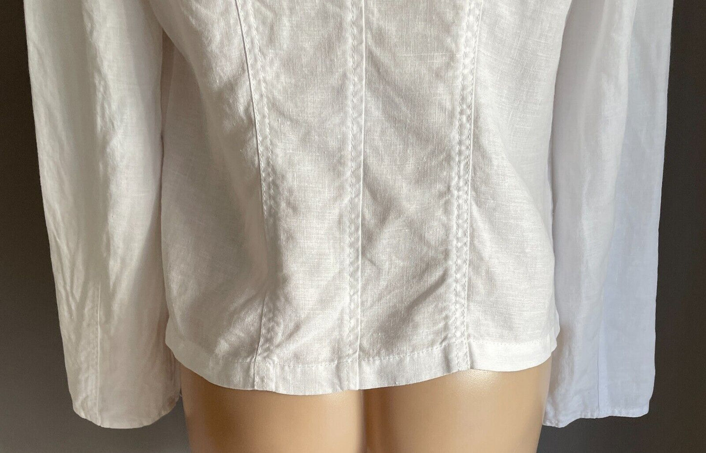 CHICO'S Jacket White Cotton Linen Size 0 AU 10 Lightweight Tab Sleeve Chicos