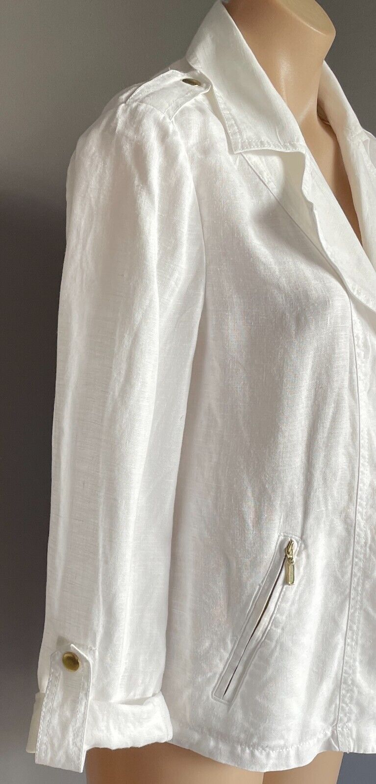 CHICO'S Jacket White Cotton Linen Size 0 AU 10 Lightweight Tab Sleeve Chicos