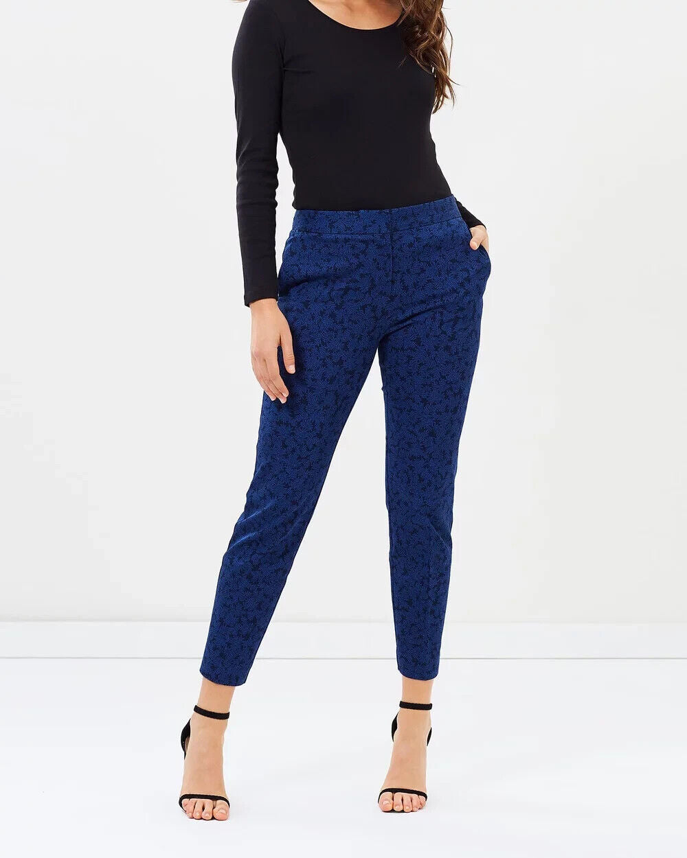 SPORTSCRAFT "Dallas" Print Pants Navy & Blue Leaf Print Size 14 Tailored Fit