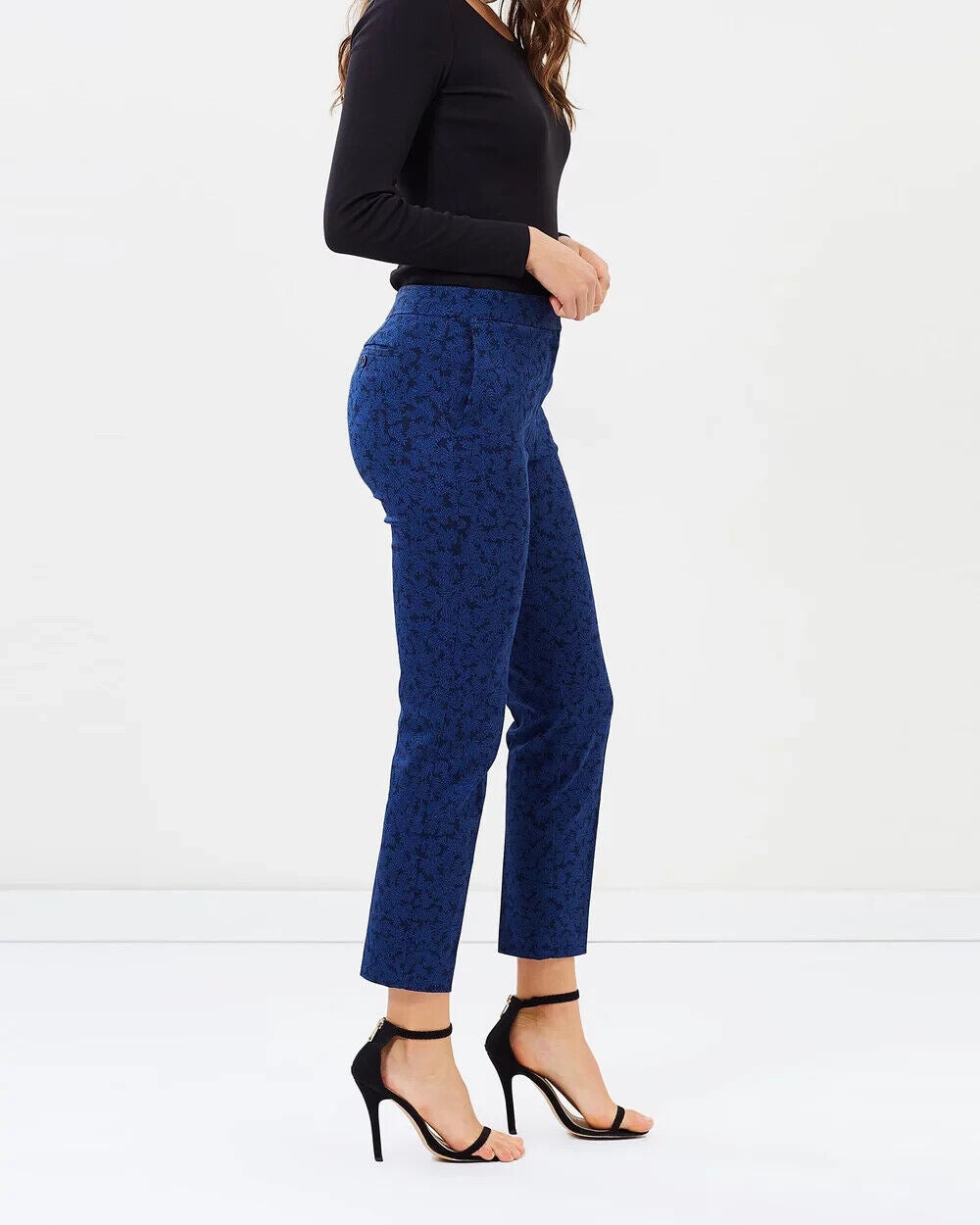 SPORTSCRAFT "Dallas" Print Pants Navy & Blue Leaf Print Size 14 Tailored Fit