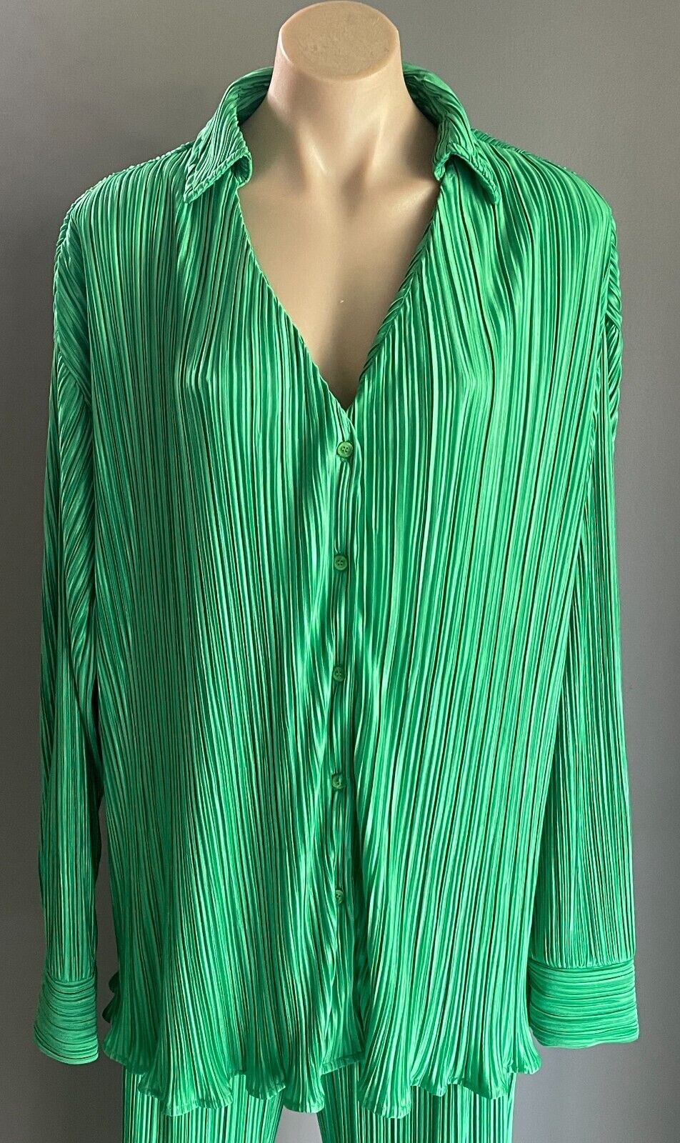 YH & Co 2 Piece Green Plisse Set Shirt Size 12 L & Pants Size 14 XL Relaxed NEW