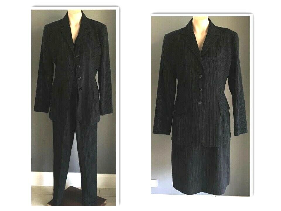 COVERS 4 Piece Suit Black Grey Stripe Jacket Vest Skirt Pants 1990s Size 14 Vtg