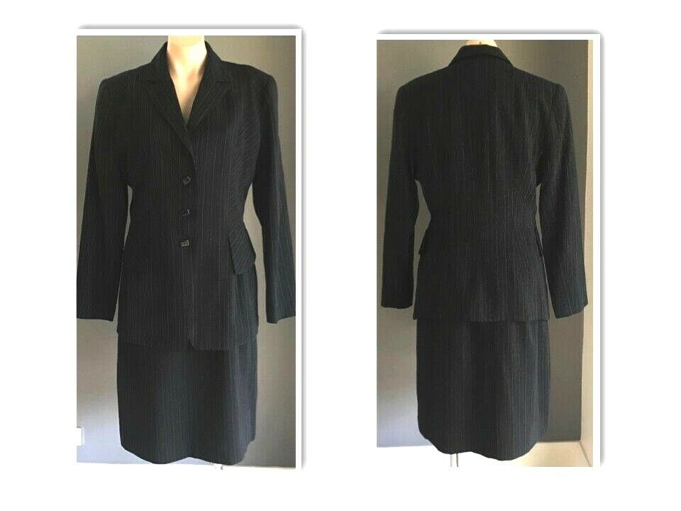 COVERS 4 Piece Suit Black Grey Stripe Jacket Vest Skirt Pants 1990s Size 14 Vtg