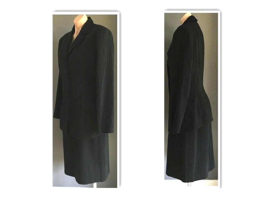 COVERS 4 Piece Suit Black Grey Stripe Jacket Vest Skirt Pants 1990s Size 14 Vtg