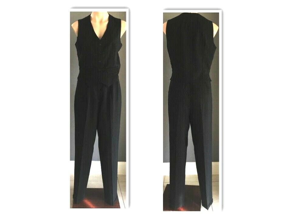 COVERS 4 Piece Suit Black Grey Stripe Jacket Vest Skirt Pants 1990s Size 14 Vtg