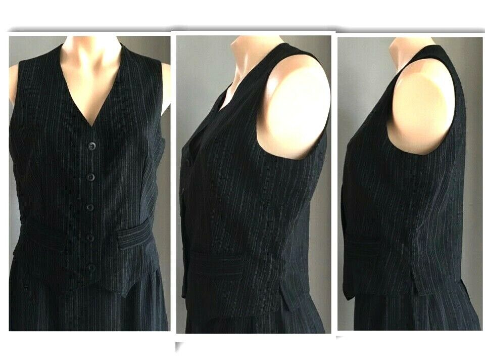 COVERS 4 Piece Suit Black Grey Stripe Jacket Vest Skirt Pants 1990s Size 14 Vtg