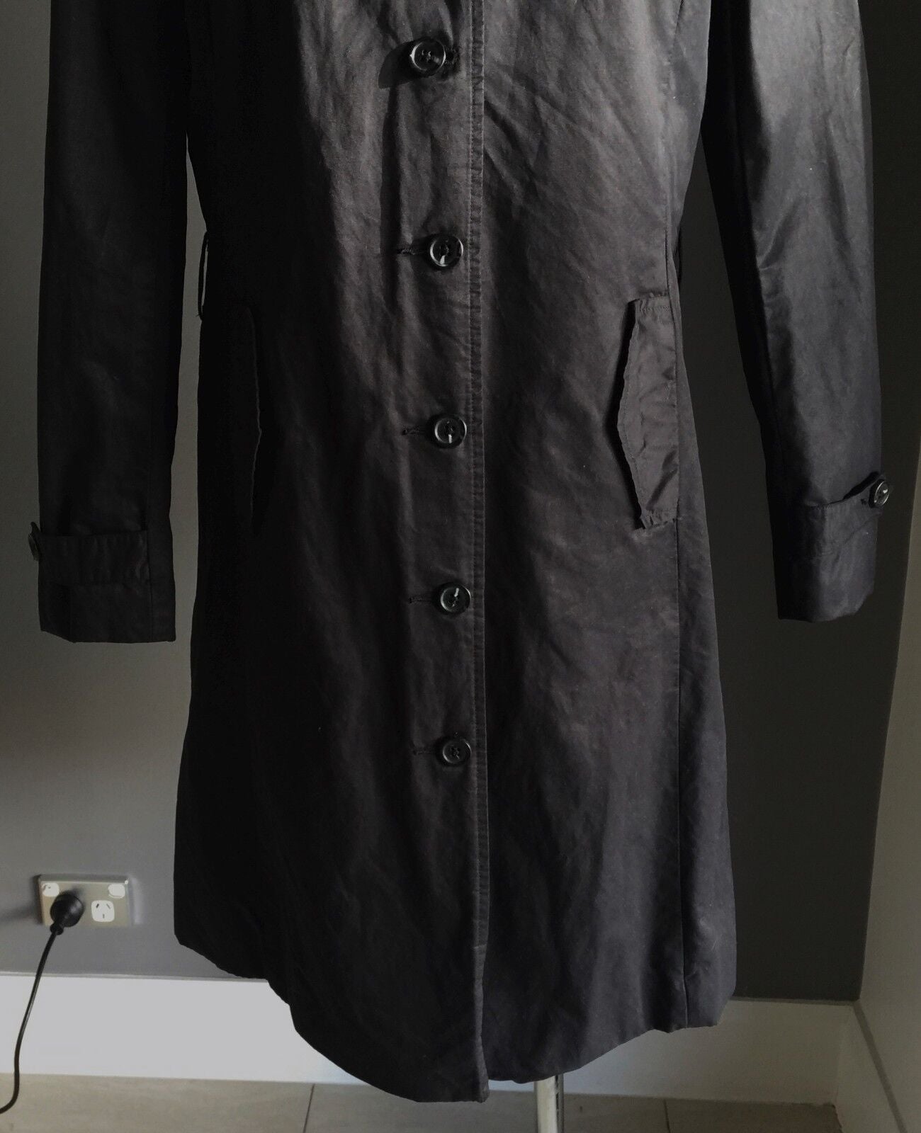 JAG Trench Coat Smart Black Long Jacket Ladies Size 10 - Super Chic!