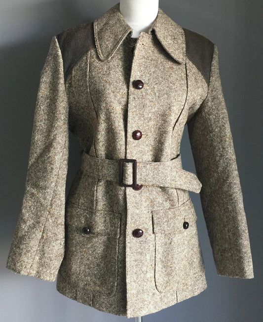 1970's Coat Brown Fleck Wool Textured Tweed Jacket Ladies Size 10 12 Vintage