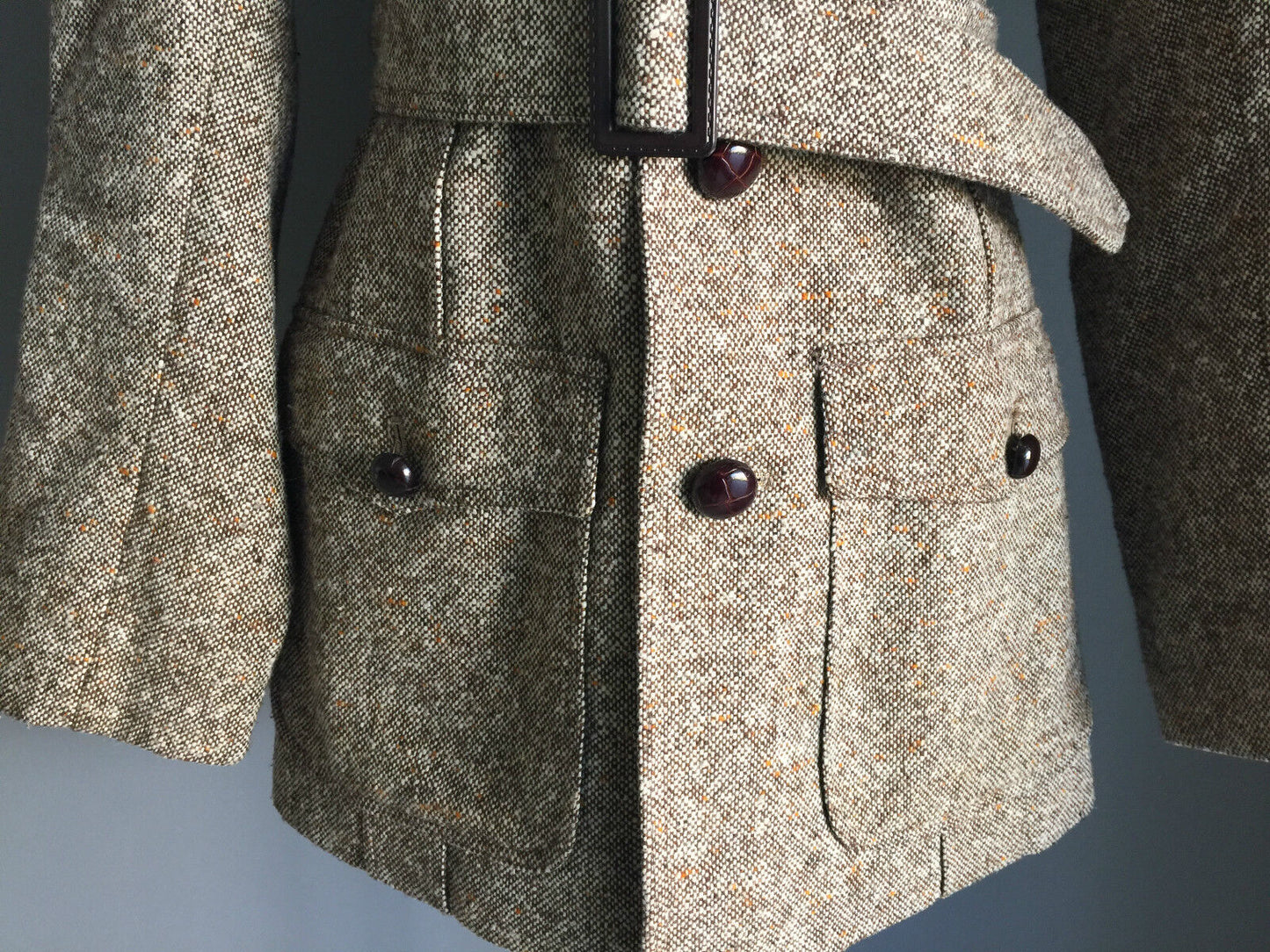 1970's Coat Brown Fleck Wool Textured Tweed Jacket Ladies Size 10 12 Vintage