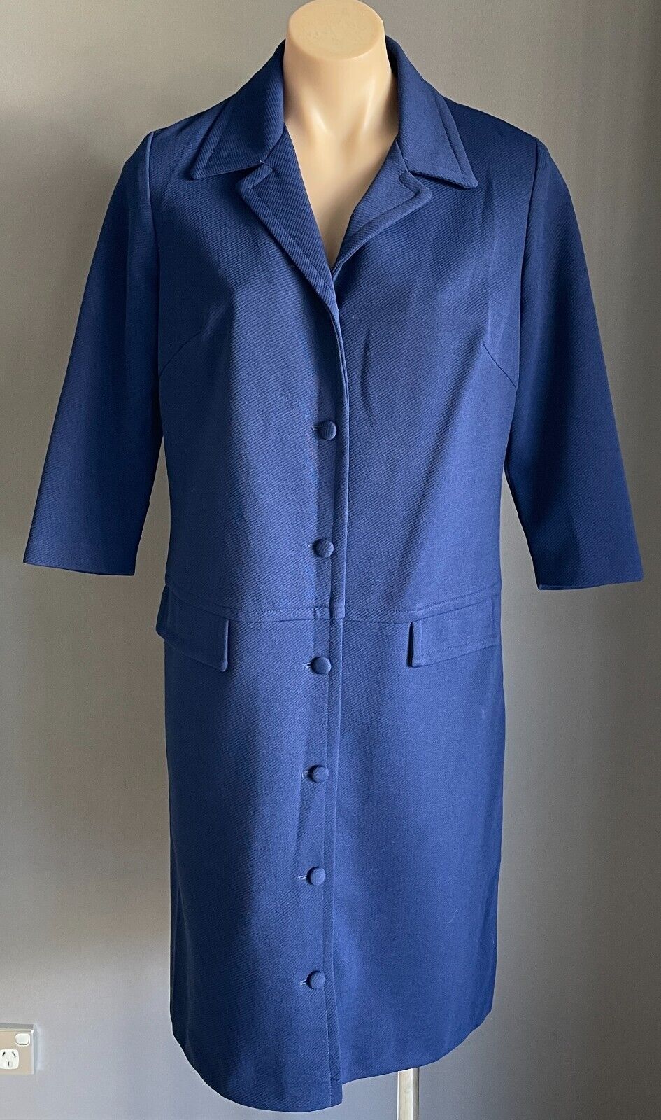 Vintage ESCAPADE SYDNEY Coat Blue Lightweight  3/4 Sleeve Button Front Size 12