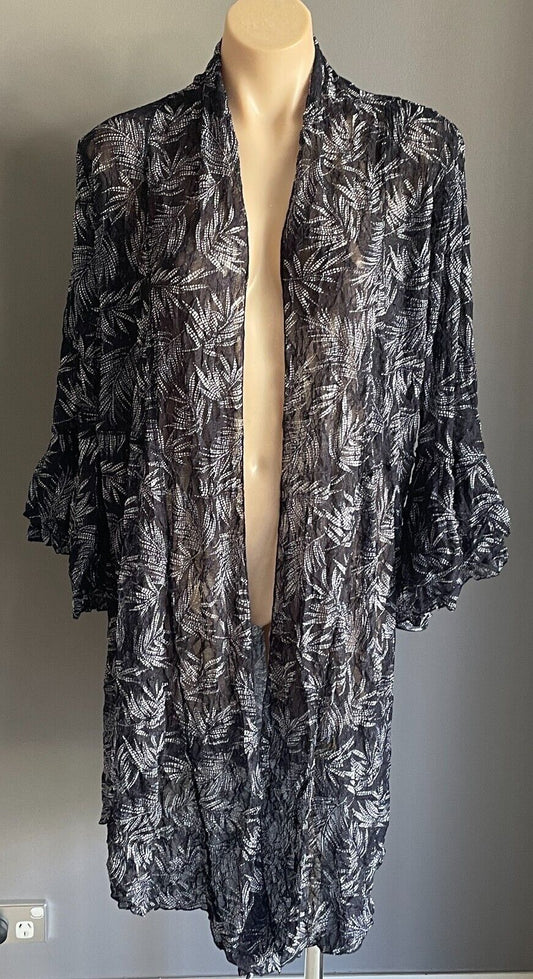 VIRTUELLE Duster Coat Blue & White Print Wrinkle Look Net 3/4 Sleeve Size XXS 12