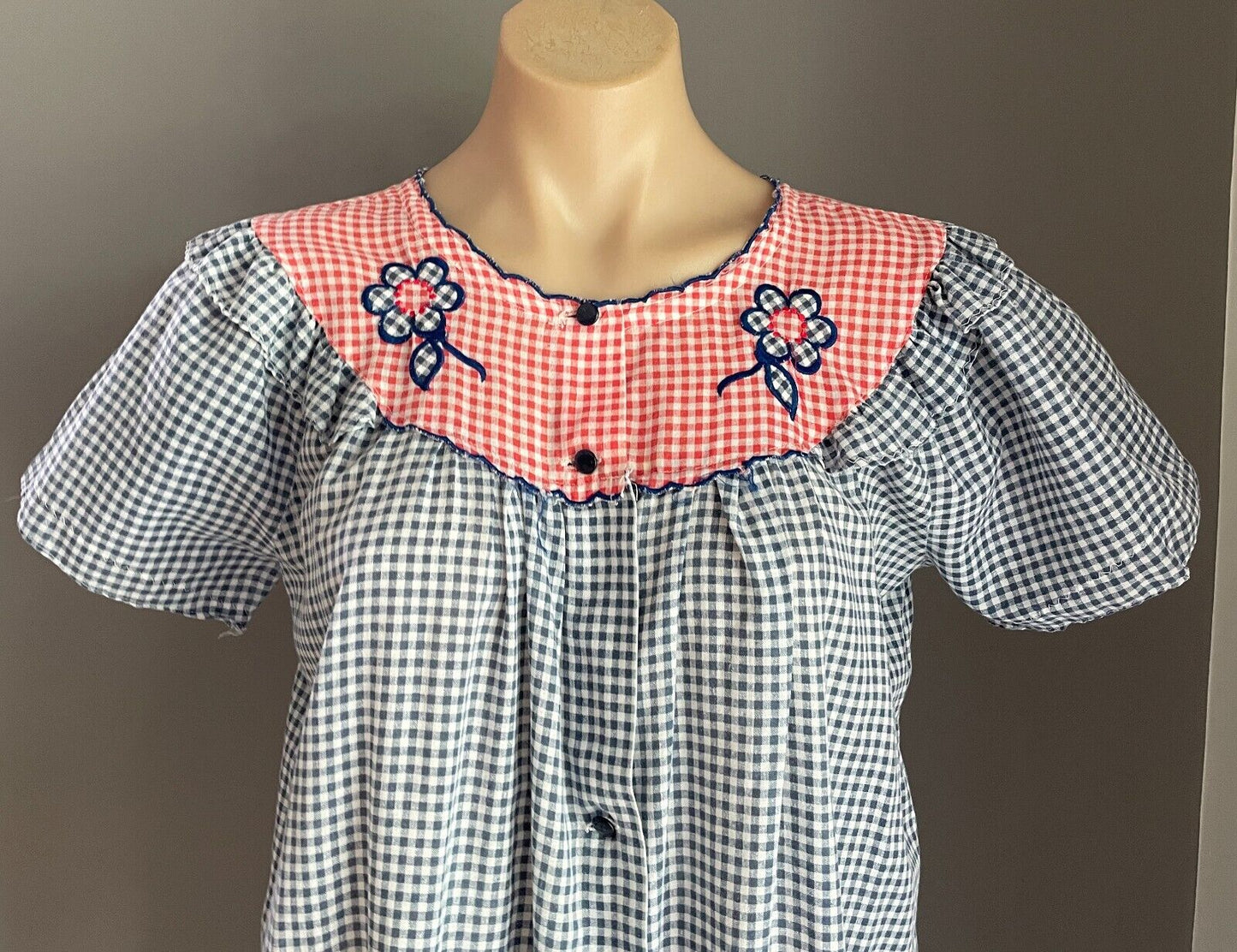 Gingham House Coat Retro 1950 - 60's Red Blue White Robe Button Front Robe Sz 12