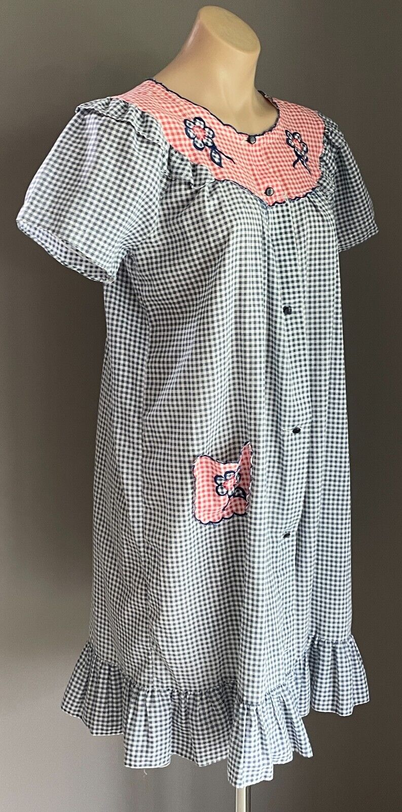 Gingham House Coat Retro 1950 - 60's Red Blue White Robe Button Front Robe Sz 12