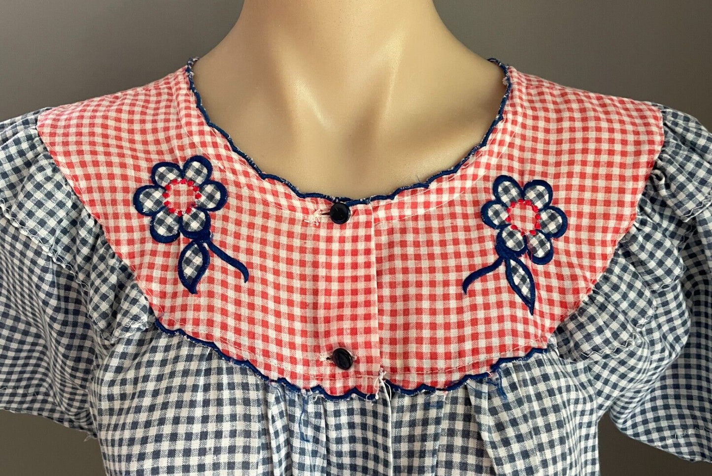 Gingham House Coat Retro 1950 - 60's Red Blue White Robe Button Front Robe Sz 12