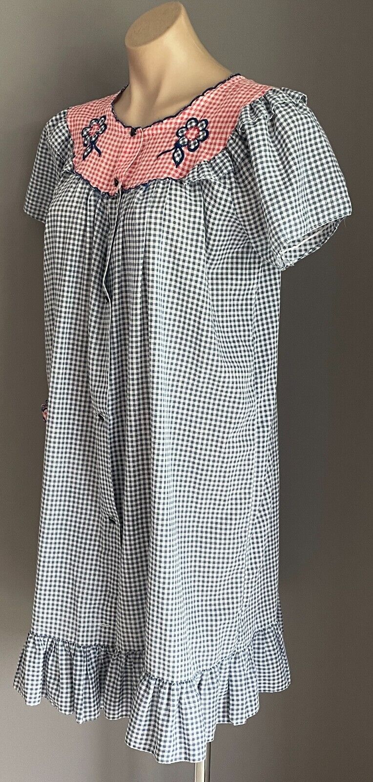 Gingham House Coat Retro 1950 - 60's Red Blue White Robe Button Front Robe Sz 12