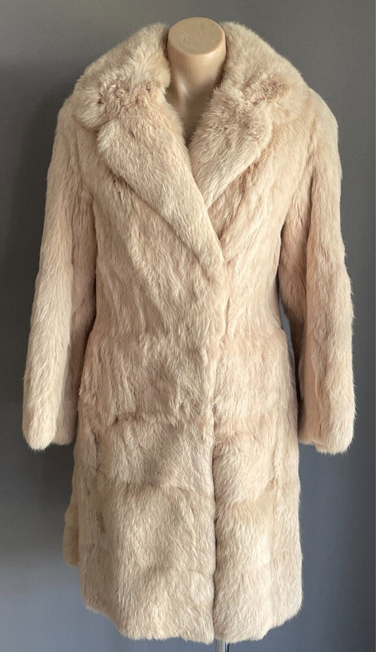 FUR COAT Cream Rabbit Size 10 Timeless Classic Soft Long Sleeves Lined Vintage