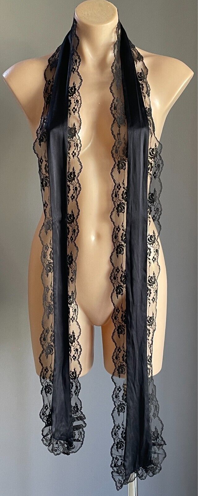 Thin Scarf Black Satin & Scalloped Lace Trim Stunning 14cm Wide x 217cm Long