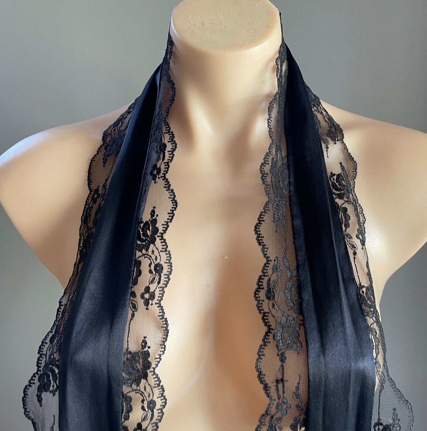 Thin Scarf Black Satin & Scalloped Lace Trim Stunning 14cm Wide x 217cm Long