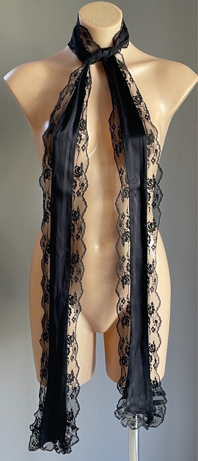 Thin Scarf Black Satin & Scalloped Lace Trim Stunning 14cm Wide x 217cm Long