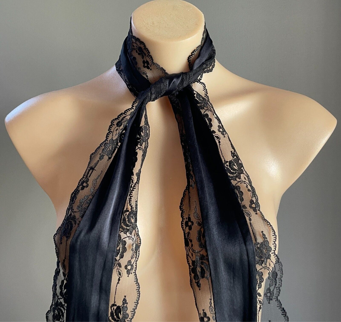 Thin Scarf Black Satin & Scalloped Lace Trim Stunning 14cm Wide x 217cm Long