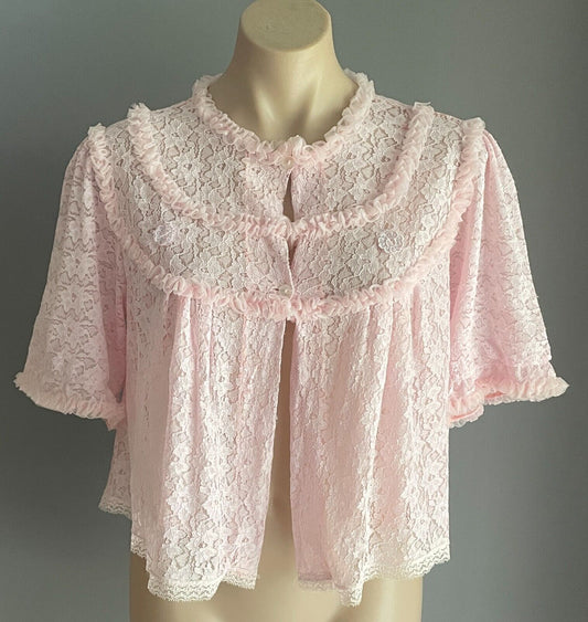 Vintage 1960s Pink Lace Bed Jacket Bri Nylon Short Sleeve Size 10 Ruffle Trim