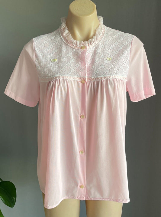 Vintage 1960s Bed Jacket Bri Nylon Tricozette Baby Pink Short Sleeve Size 14