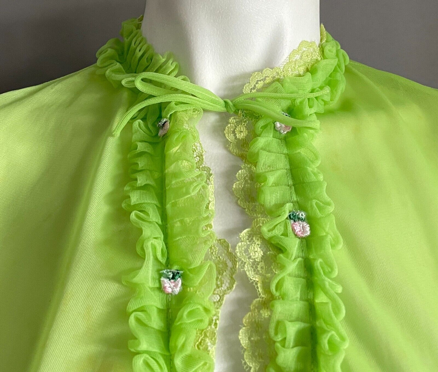 Vintage Bri Nylon Bed Jacket Cape Green Ruffle Lace Floral Trim Neck Tie Sz 10