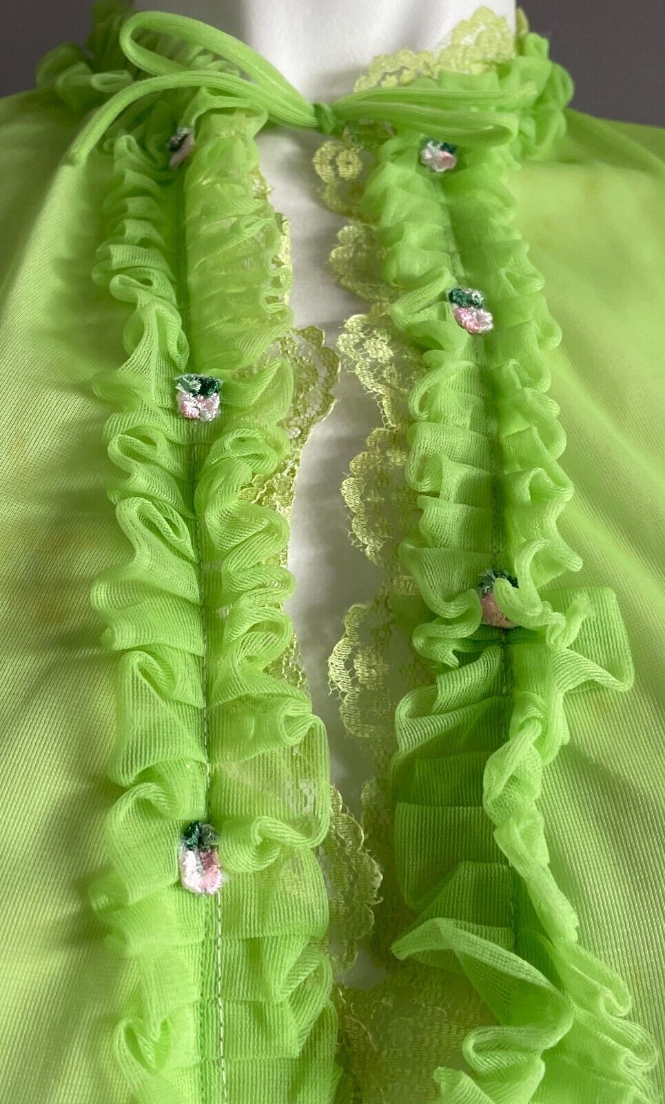 Vintage Bri Nylon Bed Jacket Cape Green Ruffle Lace Floral Trim Neck Tie Sz 10