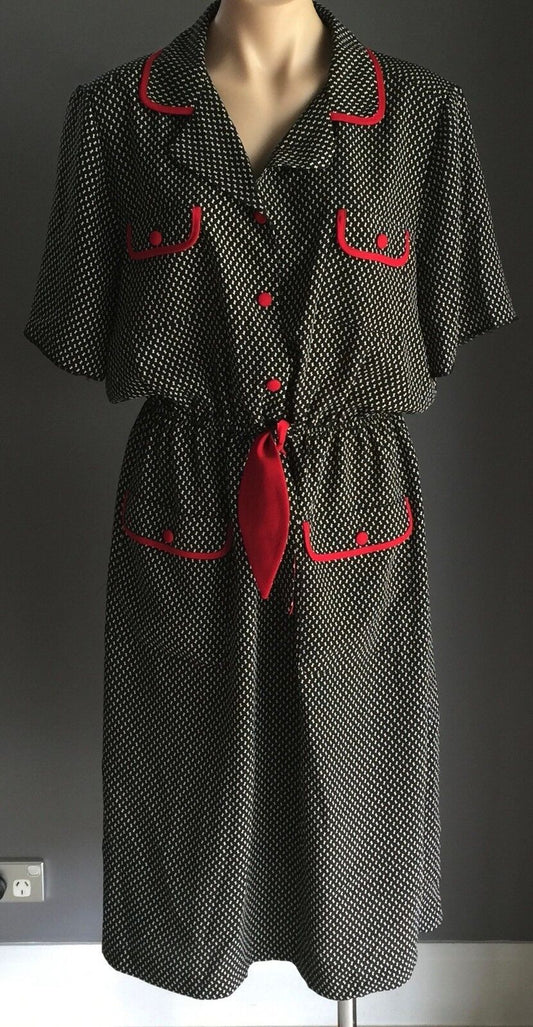 1980's TODAY'S CLASSICS Dress Black & White Print Frock Size 16 Red Accents
