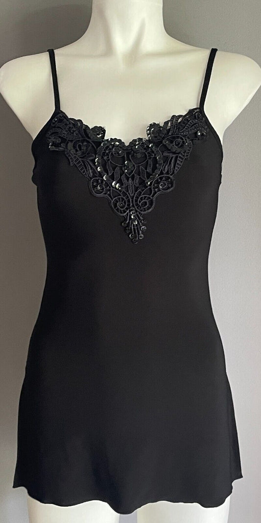 LUSHOUS Top Size 8 Black Stretch Cami Embellished Floral Lace Neck Beads Sequins