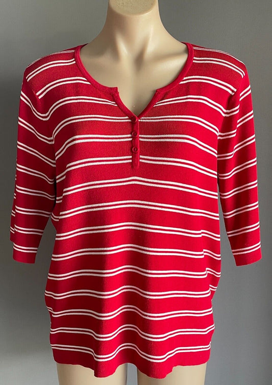 NONI Knit Top Red White Stripe Short Sleeves Size XL 3 Button Stretch Fabric