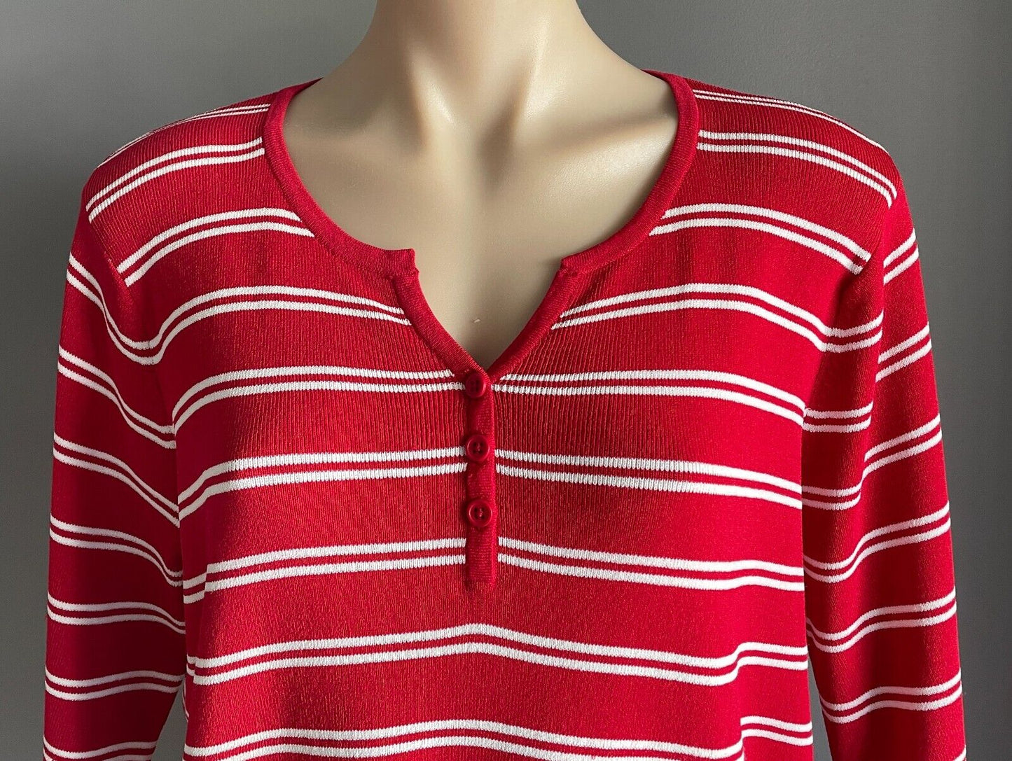 NONI Knit Top Red White Stripe Short Sleeves Size XL 3 Button Stretch Fabric