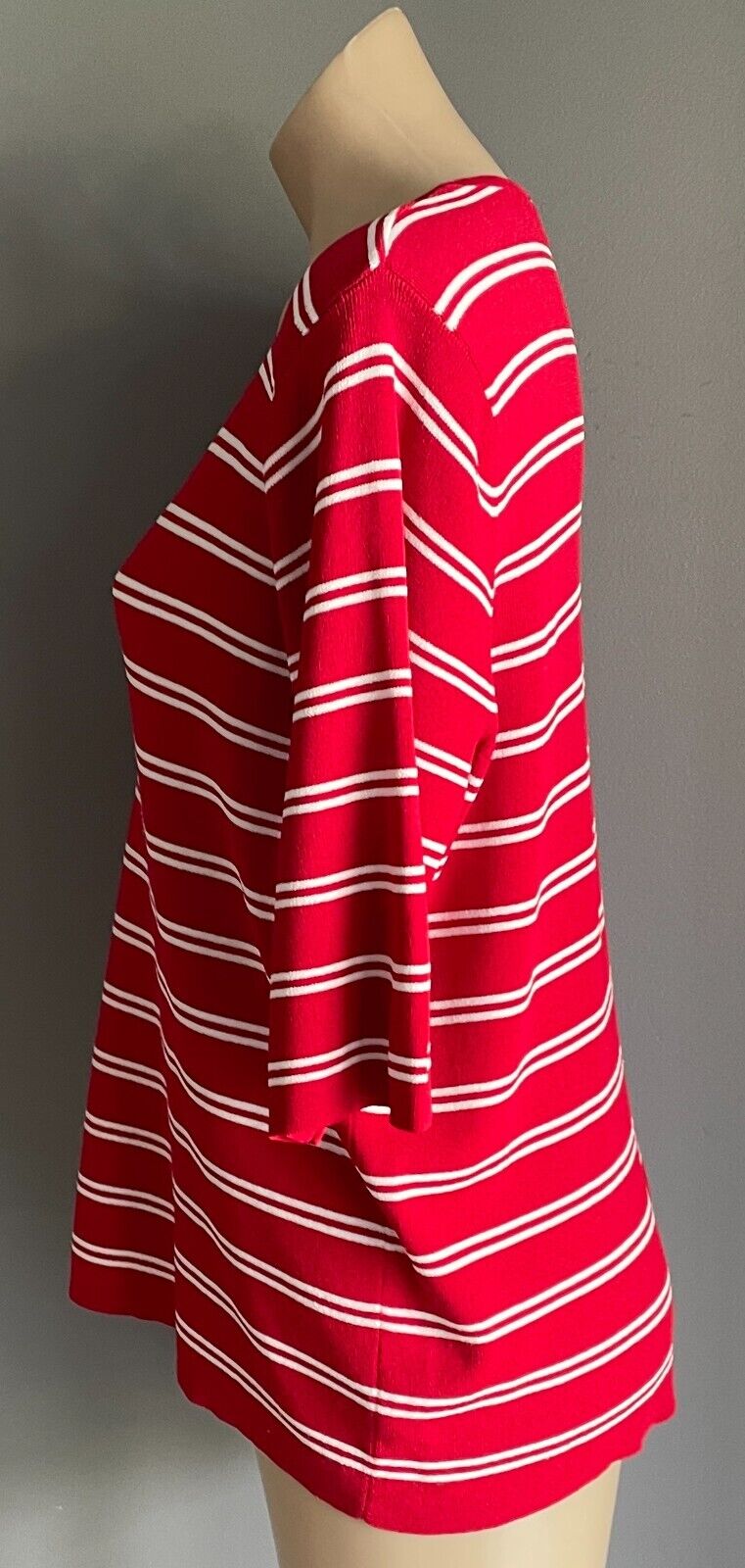 NONI Knit Top Red White Stripe Short Sleeves Size XL 3 Button Stretch Fabric