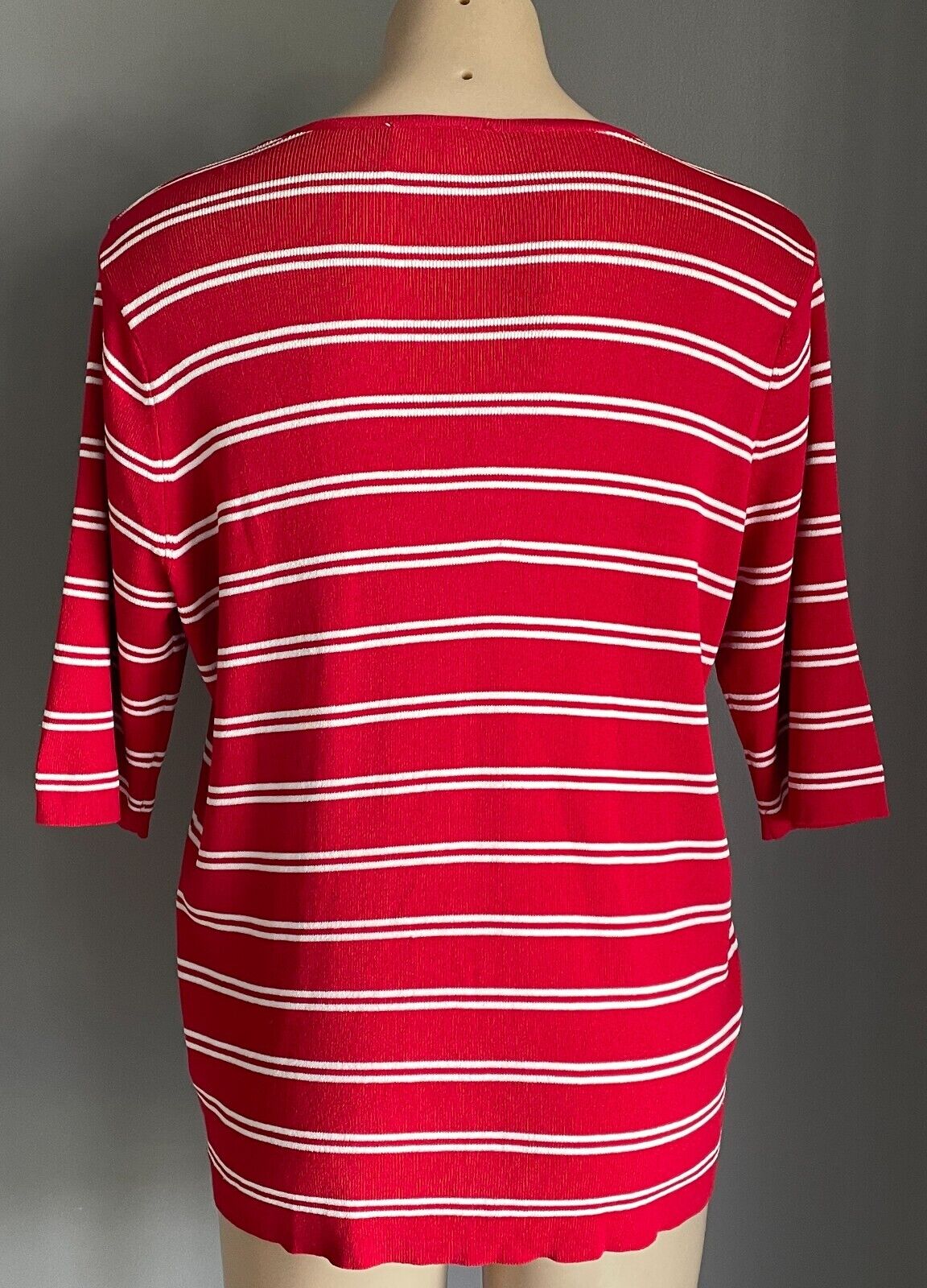NONI Knit Top Red White Stripe Short Sleeves Size XL 3 Button Stretch Fabric