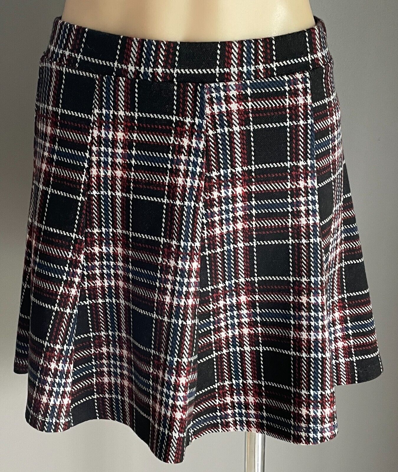BERSHKA GIRL Skirt Maroon Brown Blue White Check A-Line Elastic Waist Sz M 10