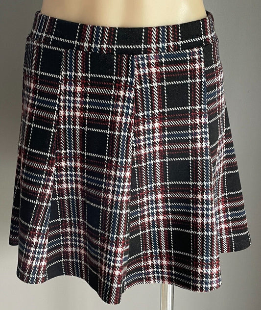 BERSHKA GIRL Skirt Maroon Brown Blue White Check A-Line Elastic Waist Sz M 10