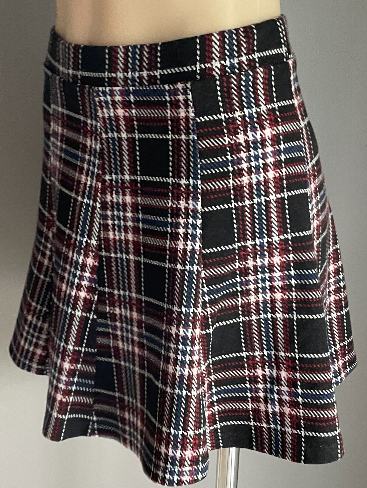 BERSHKA GIRL Skirt Maroon Brown Blue White Check A-Line Elastic Waist Sz M 10