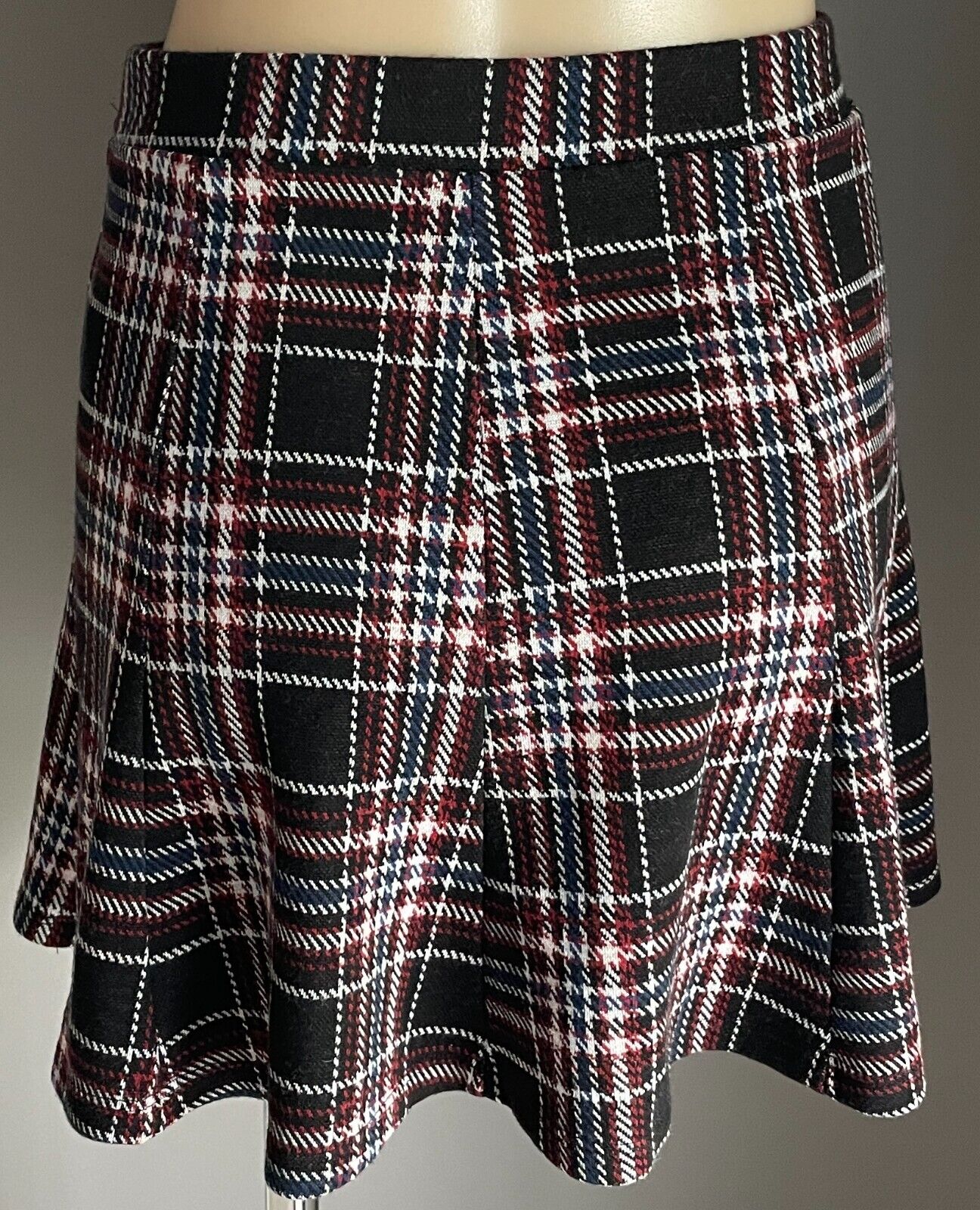 BERSHKA GIRL Skirt Maroon Brown Blue White Check A-Line Elastic Waist Sz M 10
