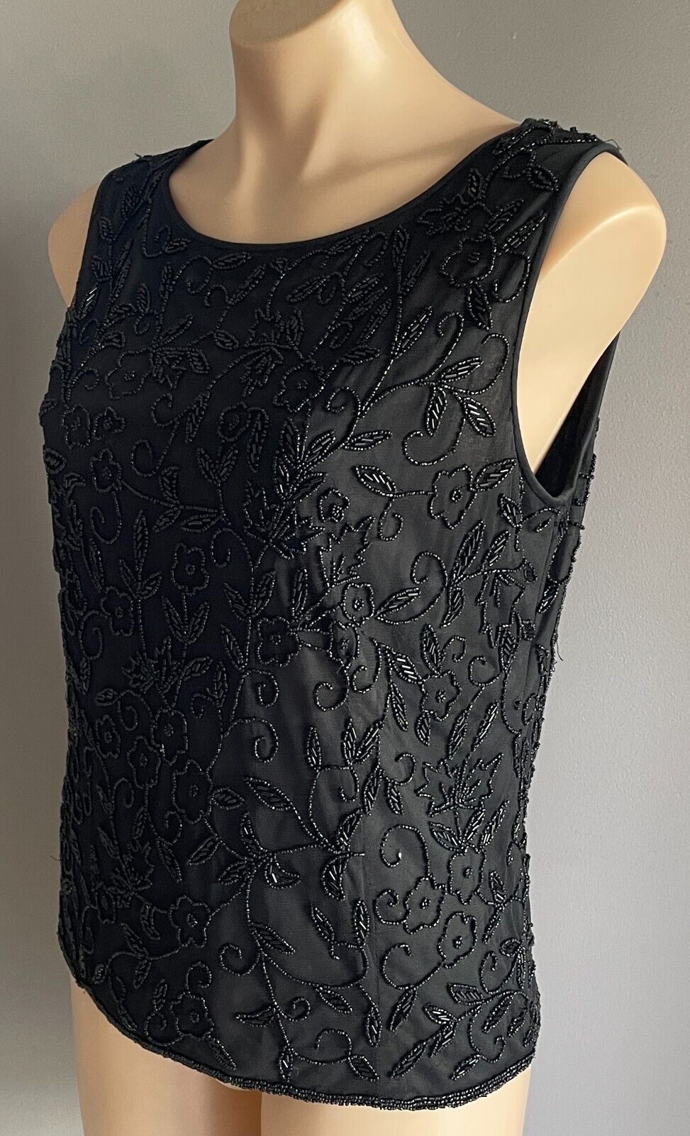TOP Black Fully Beaded Sleeveless Size 12 Lined Round Neck Formal Party Luxe 60s