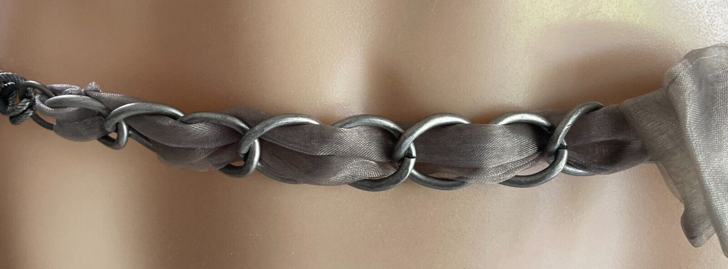 CHAIN BELT Thick Silver Tone Taupe Chiffon Fabric Bow Trim Total Length 108cm